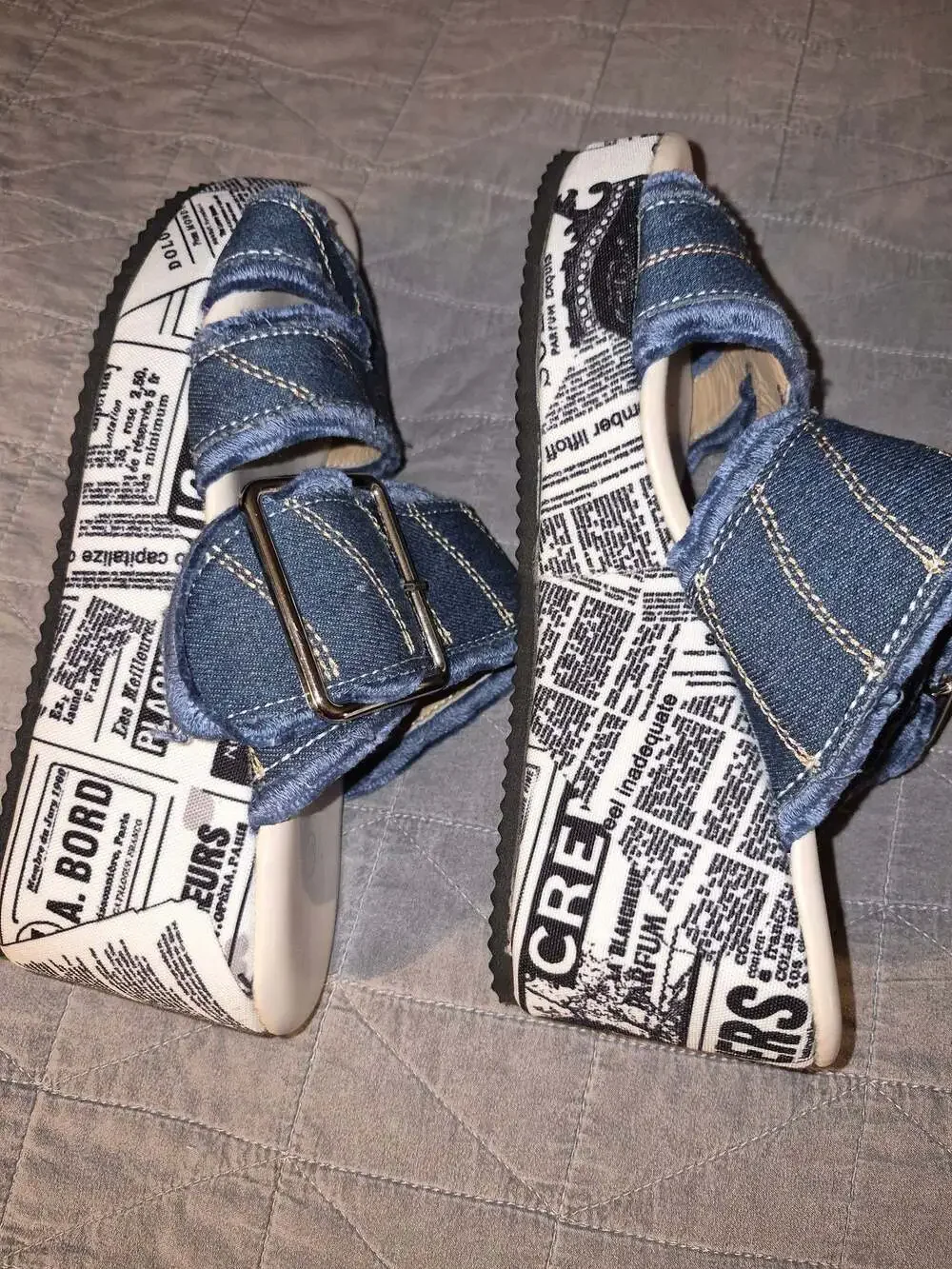 Women's Denim and Newspaper Print Platform Wedge Sandals with Buckle Strap